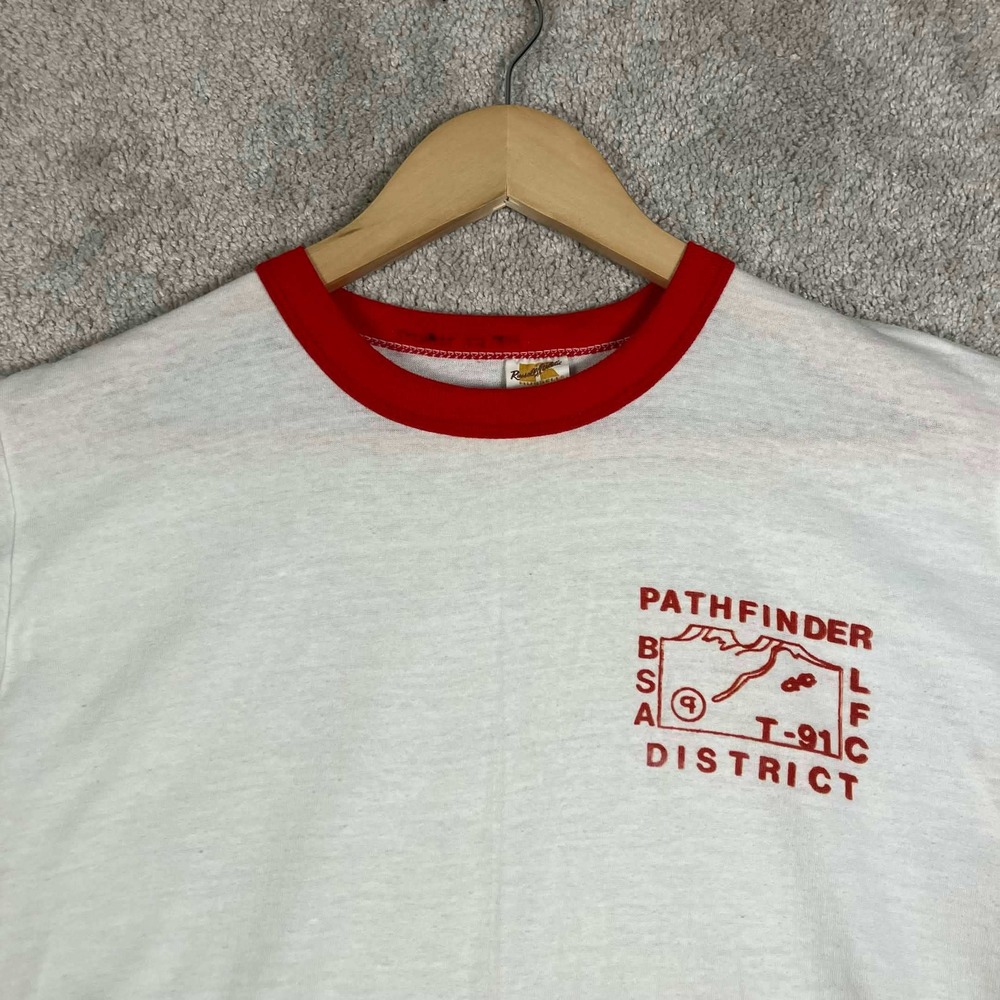 Vintage 70s Russell Athletic BSA Pathfinder District Ringer T Shirt White Red M - Picture 5 of 13